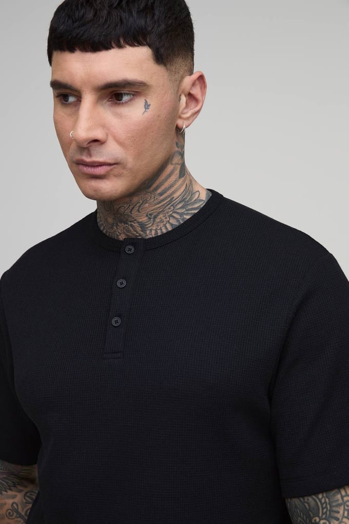 Tall Regular Fit Waffle Henley T-Shirt | Black | Size Small