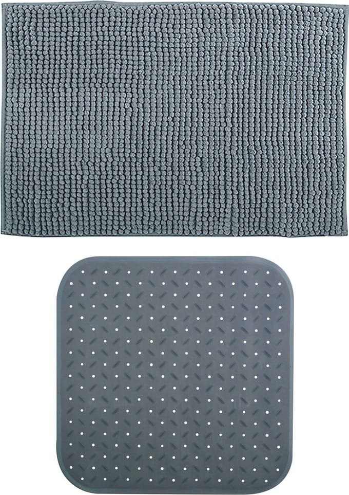 MSV Douche anti-slip mat en droogloop mat - Sevilla badkamer set - rubber/microvezel - donkergrijs