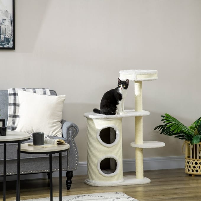 REDOM - Kattenkrabpaal - sisal - pluche - 59L x 35B x 100H cm Cream White
