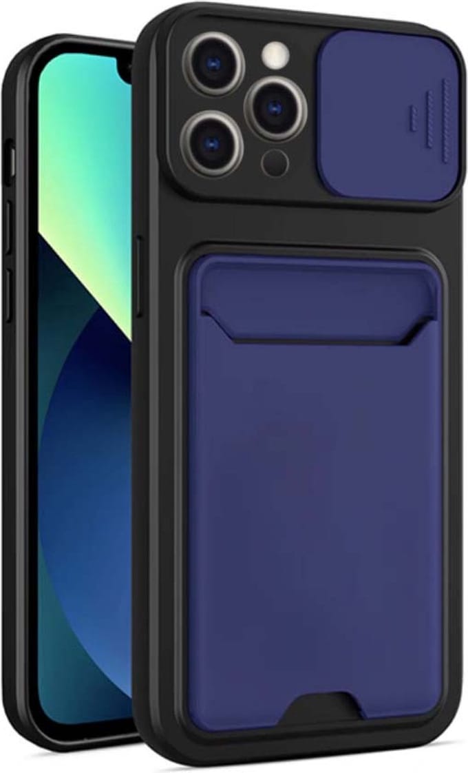 Smartphonica iPhone 12 Pro Max TPU Cover Case Hoesje met Camera Slide en Pashouder - Blauw geschikt voor iPhone 12 Pro Max