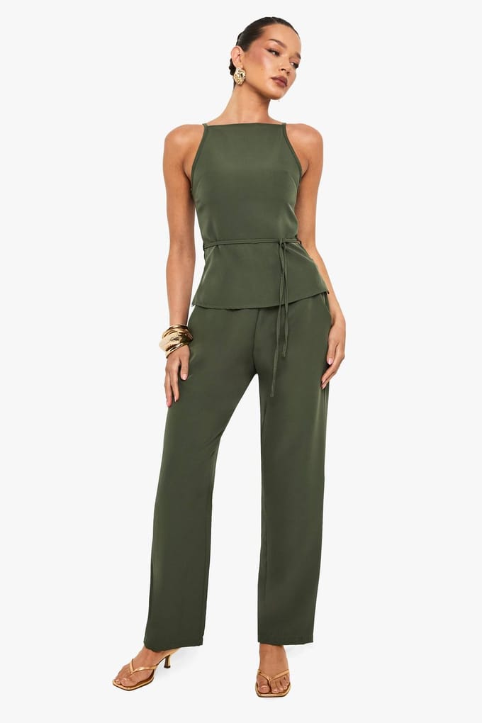 boohoo Dames Elastische tailleband geweven broeken | Khaki | Maat: 8