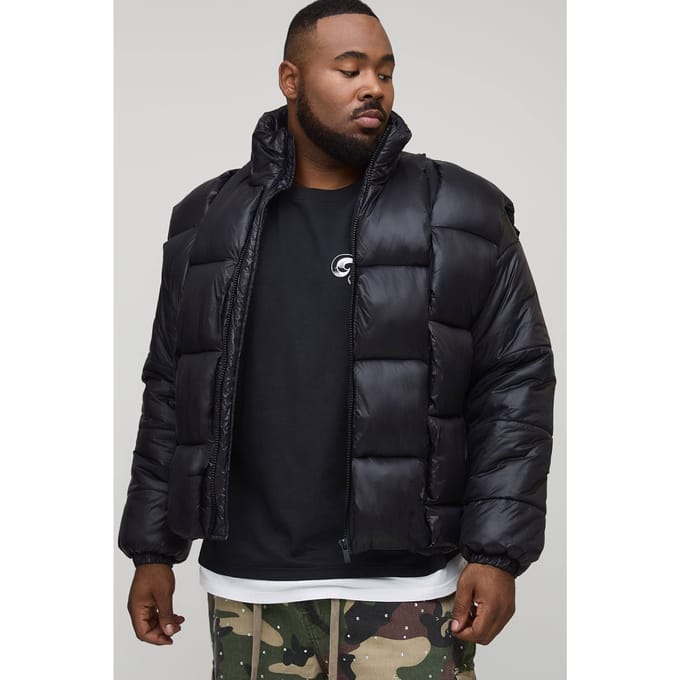 Plus High Shine Weft Oversized Funnel Neck Puffer Jacket | Black | Size 2XL