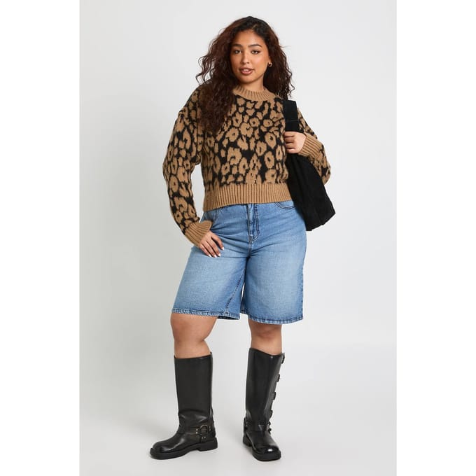 boohoo Dames Plus Leopard Geribbelde Ronde Hals Trui | Maat: 18