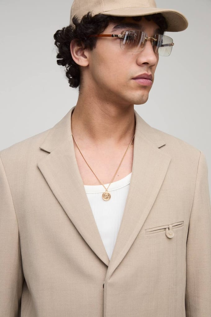 Oversized Boxy Herringbone Suit Blazer | Stone | Size Medium