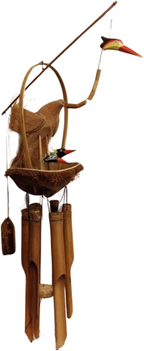 Bamboe windgong met kraanvogel en 2 jongen