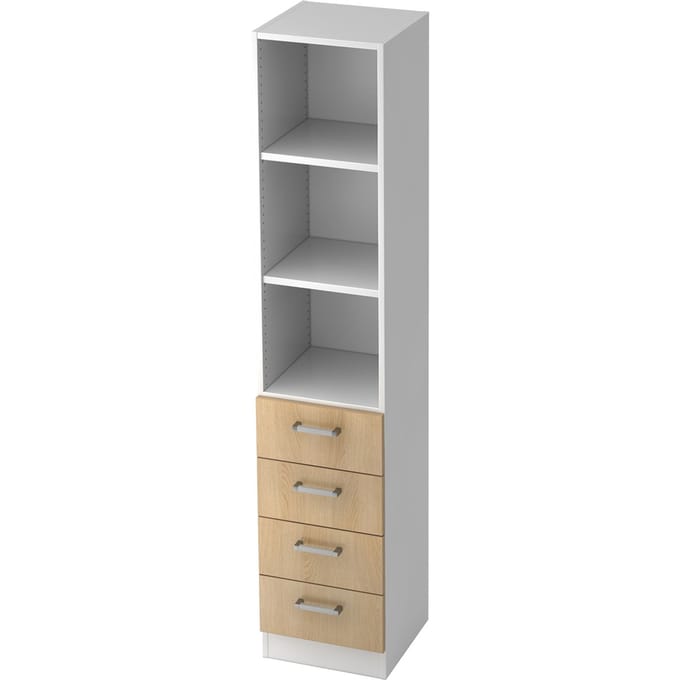 TARVIS combi-boekenkast, 5 OH, 2 legborden, 4 laden, B 405 x D 420 x H 2004 mm, wit, eikendecor