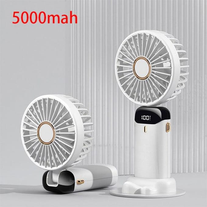Draagbare ventilator van 5000/8000 mAh met slim LED-digitaal display, 5 snelheden instelbaar, USB-oplaadbaar, mini-handheld-nekventilator 5000mah wit