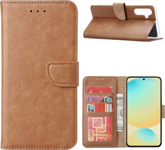 Portemonnee Book Case Hoesje + 2x Screenprotector Glas Geschikt voor: Samsung Galaxy S25 Plus - Lichtbruin
