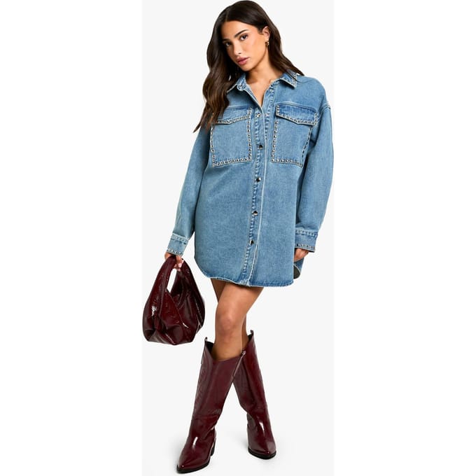 boohoo Dames Petite Stud Detail Denim Oversized Shirtjurk | Blue | Maat: 16