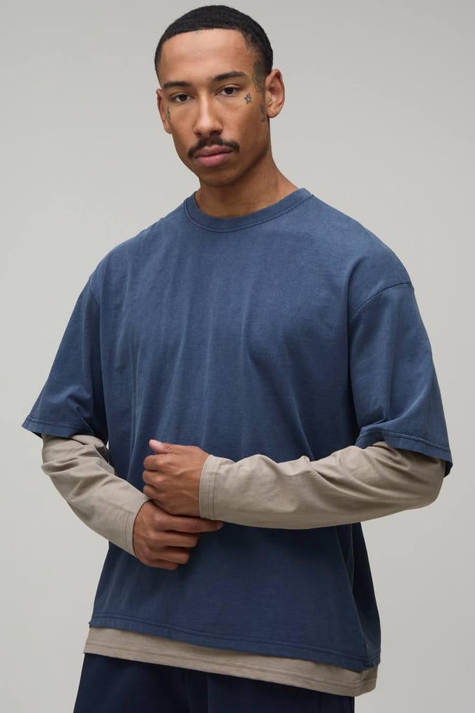 Essentieel Gewassen Regular Fit Nepgelaagd Shirt Met Lange Mouwen | Navy | Size Medium