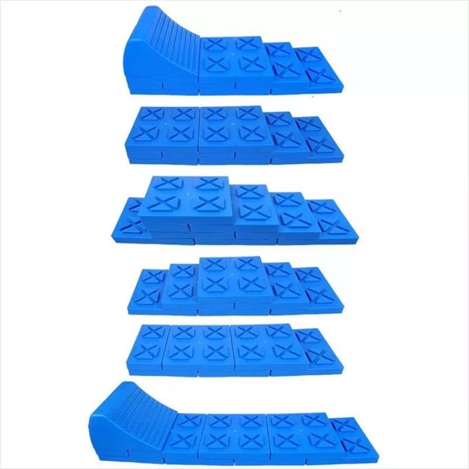 ProPlus Multifunctioneel stapelbaar oprijblok - 9-delig - blauw - 4 niveaus - lichtgewicht kunststof