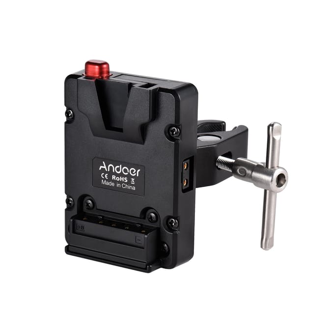 Andoer Mini Nano V-lock Mount Batterijvoeding Adapterplaat met Tangklem voor Mini V-mount zwart