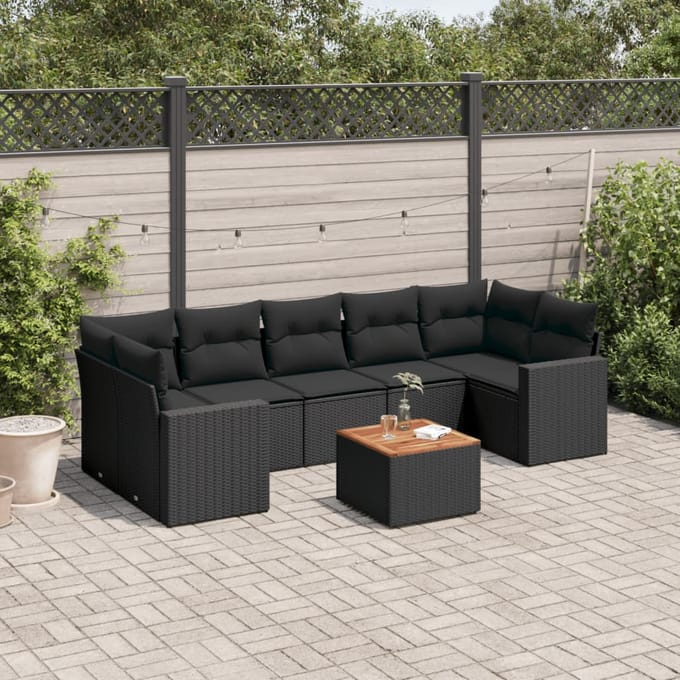 vidaXL - 8-delige - Loungeset - met - kussens - poly - rattan - zwart
