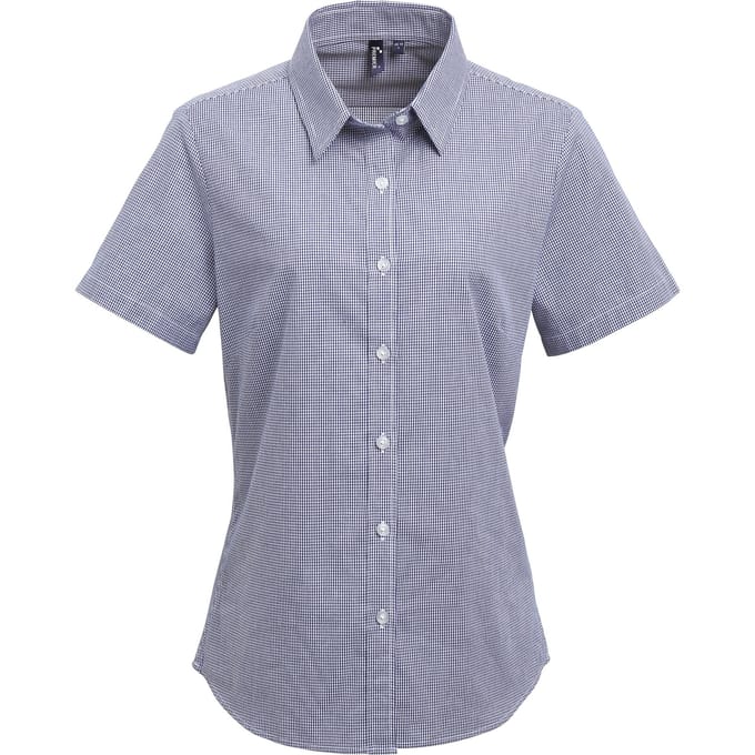Premier Dames/dames Microcheck Korte Mouwen Katoenen Shirt (Marine / Wit)