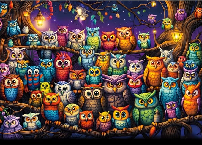 Uitdagende Legpuzzel - 1000 Stukken Uilen Familie Nachtthema