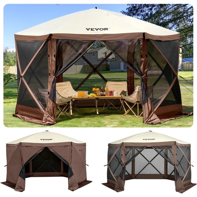 Tonnelle de Camping Pop-up Tonnelle de Camping Abri 6 Côtés 3,6 m x 3,6 m Pare-soleil