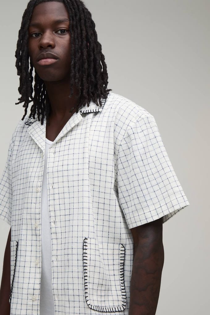 Geruit Ruitpatroon Deken Steek Oversized Korte Mouw Shirt & Wijde Korte Broek Set | White | Size Medium