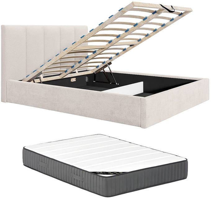 Vente-unique Bed met opbergruimte stof beige 200 x 200 cm