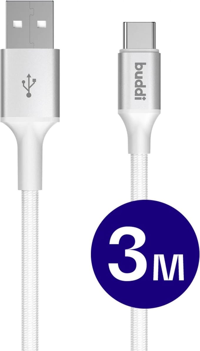 Buddi Flex | USB-A naar USB-C Kabel 12W Fast Charge 5V/2.4A | 480Mbps Dataoverdracht | Gevlochten Nylon | 3M | 3 Meter | Wit