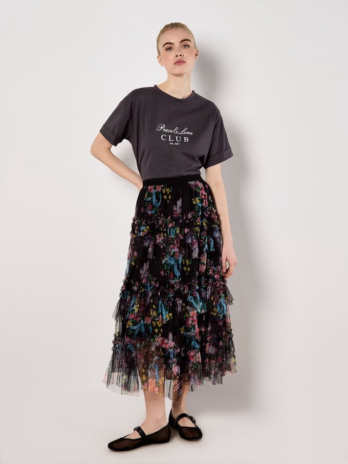 Floral Tiered Tulle Midi Skirt