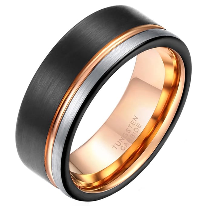 Wolfraam heren ring Single Groove Black Rose Silvercolor 8mm-20mm