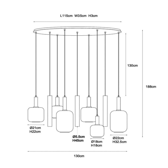 Lucide hanglamp Joanet, lengte 130 cm, rook/messing, glas, 9-lamps.