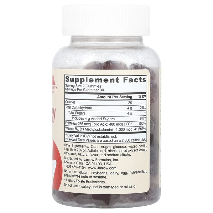 Jarrow Formulas, Gommes Énergétiques Véganes B12, Framboise, 60 Gommes