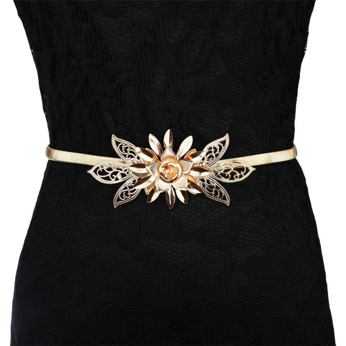 Ceinture à chaîne en métal doré pour femmes, embellissement de fleurs, sangle de taille élastique or