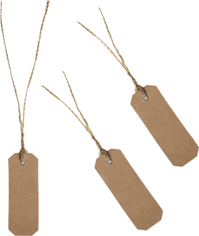 Santex cadeaulabels kraft met touw - 48x stuks - bruin - 3 x 8 cm - naam tags