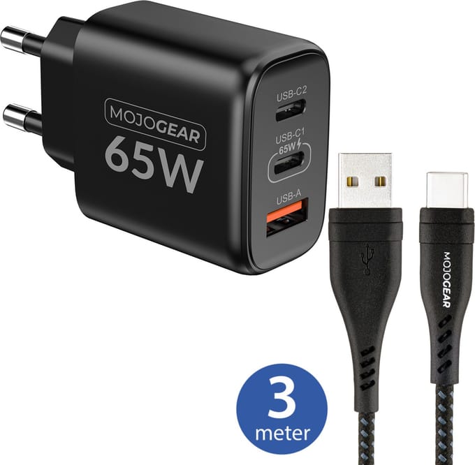 MOJOGEAR CHARGE+ 65W snellader met USB naar USB-C kabel 3 meter