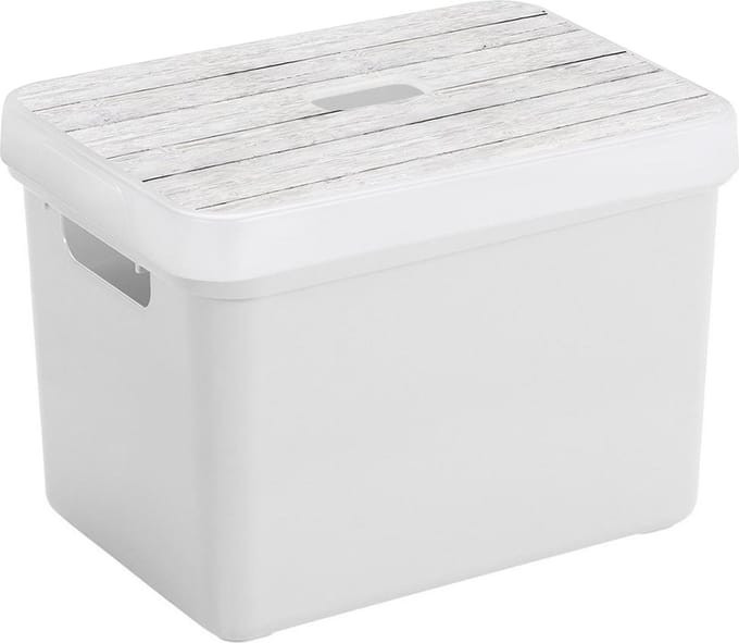 Sunware Opbergbox - wit - 18L - kunststof - met houtkleur deksel - 35 x 25 x 24 cm