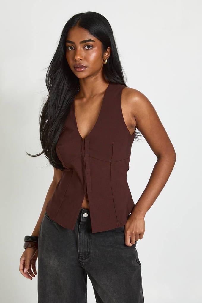 boohoo Dames Bengaline Gilet Met Haaksluiting | Chocoladebruin | Maat: 36
