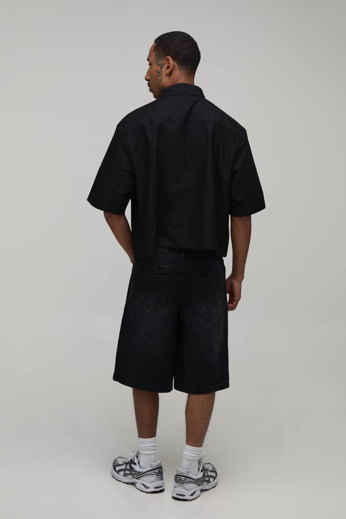 Oversized Crop Half Sleeve Oxford Shirt | Black | Size Medium