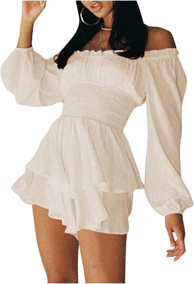 Dames Off Shoulder Playsuit met Lange Mouwen en Ruches