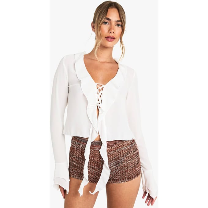 boohoo Dames Chiffon blouse met strik voor en ruches | Ecru | Maat: 34