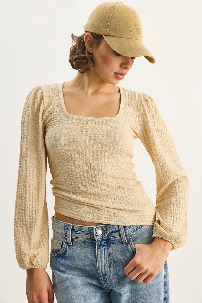 Slim Fit Vierkante Kraag Textuur Blouse
