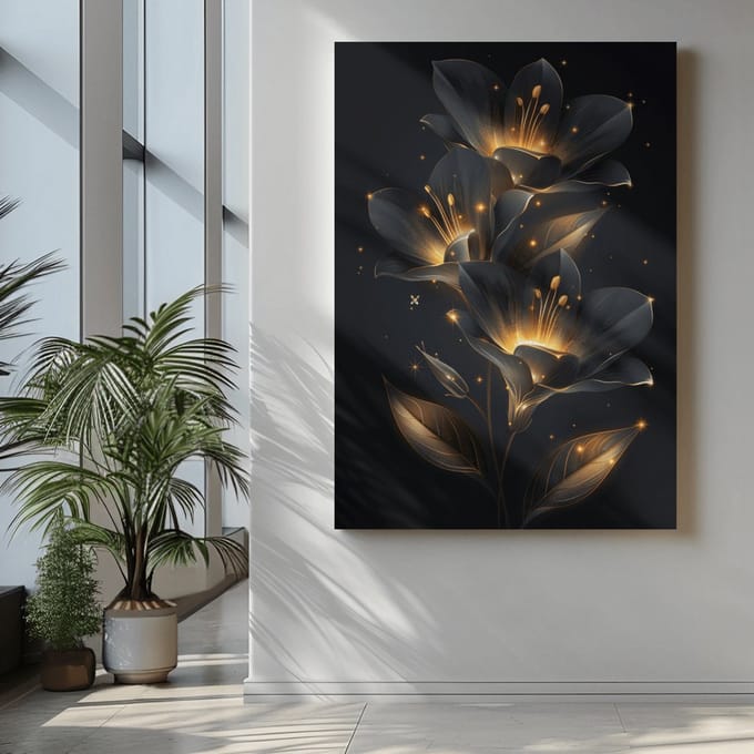 Canvas Schilderij - Gouden Bloemen - Wall Art - 90x60x2 cm