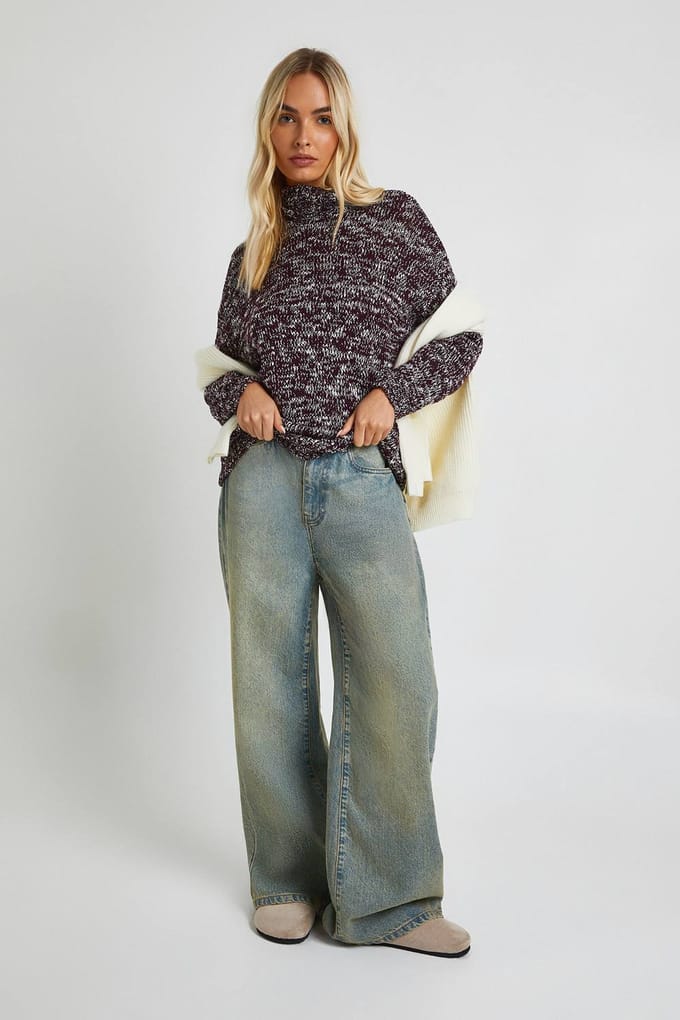 boohoo Dames Rolhals Marl gebreide trui | Aubergine | Maat: Medium