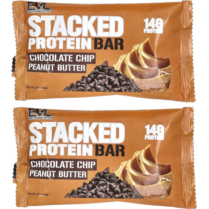 EVLution Nutrition, Barre Stacked Protein, Pépites de chocolat Beurre de cacahuète, 2 barres, 2,29 oz (65g) Chaque