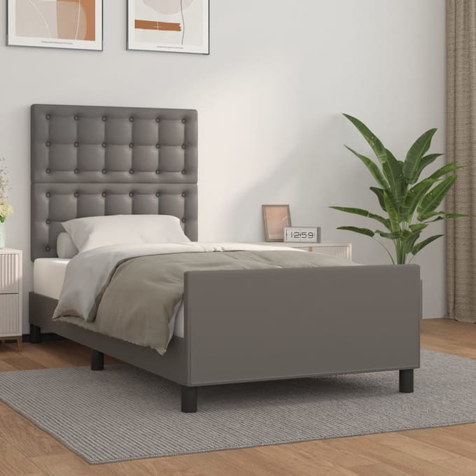 vidaXL - Bedframe - met - hoofdbord - kunstleer - grijs - 100x200 - cm