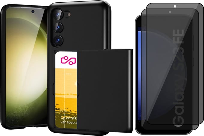 Hoesje met Pasjeshouder geschikt voor Samsung Galaxy S23 FE - 2x Privacy Screen Protector FullGuard - Back Cover SlideCase Zwart & Screenprotector