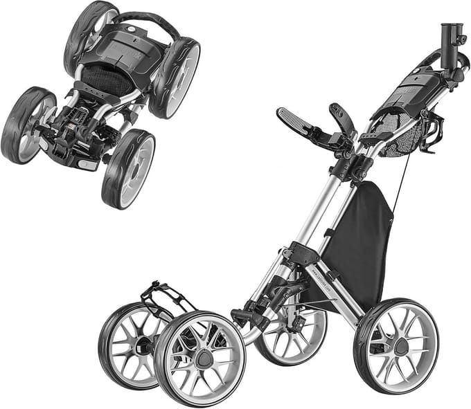 CaddyCruiser ONE Version 8 Golf Trolley 4-Wiel – 1-Click Opvouwbaar – Lichtgewicht Golfwagen – Compacte Golftrolley