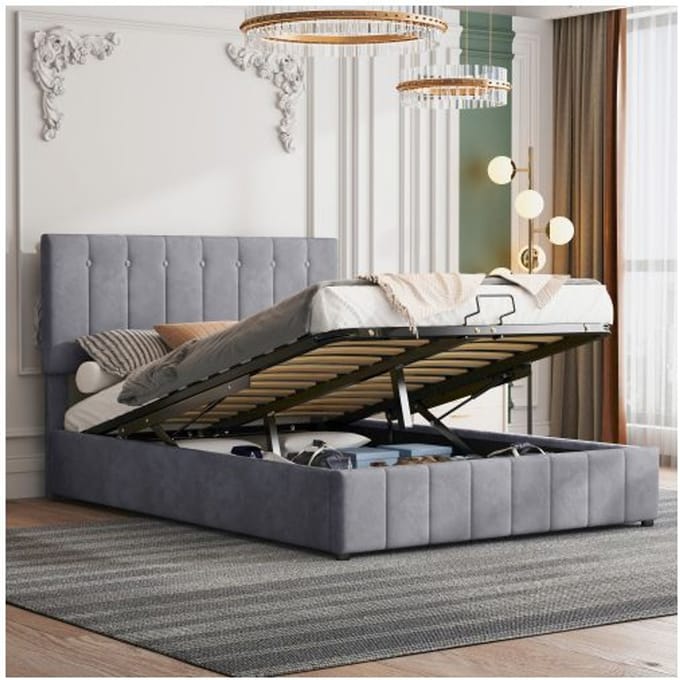 Tweepersoonsbed met opbergruimte - MUVOE - 140x200 cm - Gestoffeerd hoofdbord - Hydraulisch klapmechanisme - Grijs grijs