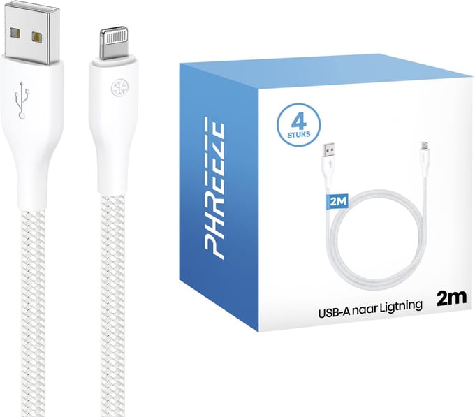 4x lange usb kabel geschikt voor iPhone (Lightning) - 2 meter - Oplaadkabel - Wit