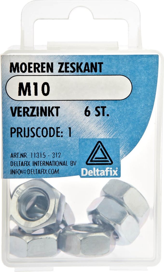 Deltafix moer zeskant verzinkt m10 din 934 6 st.