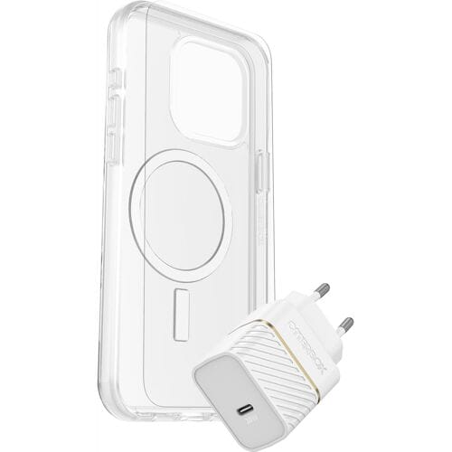 OtterBox KIT Apple iPhone 15 Pro Max (Symmetry Clear MagSafe / Premium Glass AM / EU USB-C Wall Charger 30W - white)