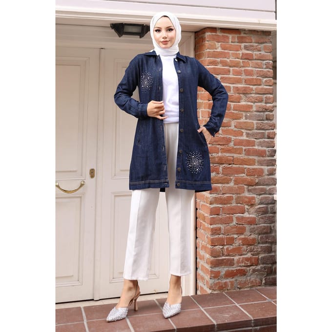 Steen Detailed Denim Overhemd Donker Denim