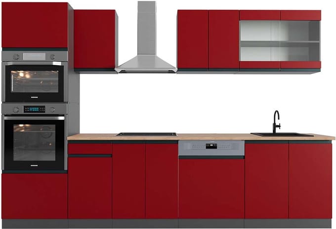 Vicco R-Line Complete keukeneenheid – 300 cm met hoge kast, WB Eik Rood/antraciet