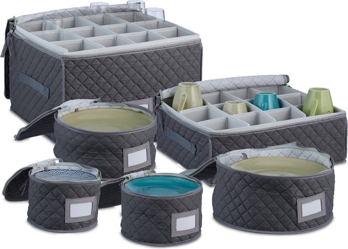 opbergmand servies - 6-delige set - stof - grijs