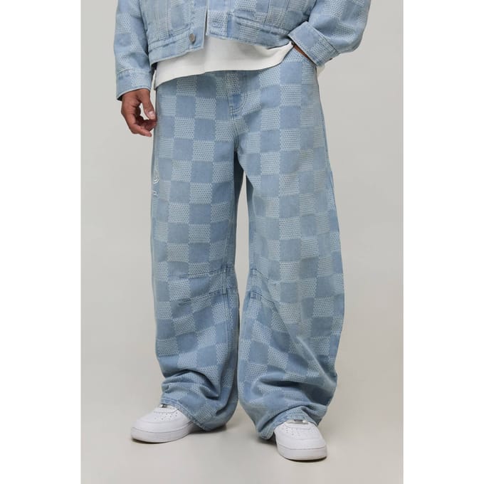 Barrel Fit Checkerboard Jacquard Denim Jeans | Light Blue | Size 46R